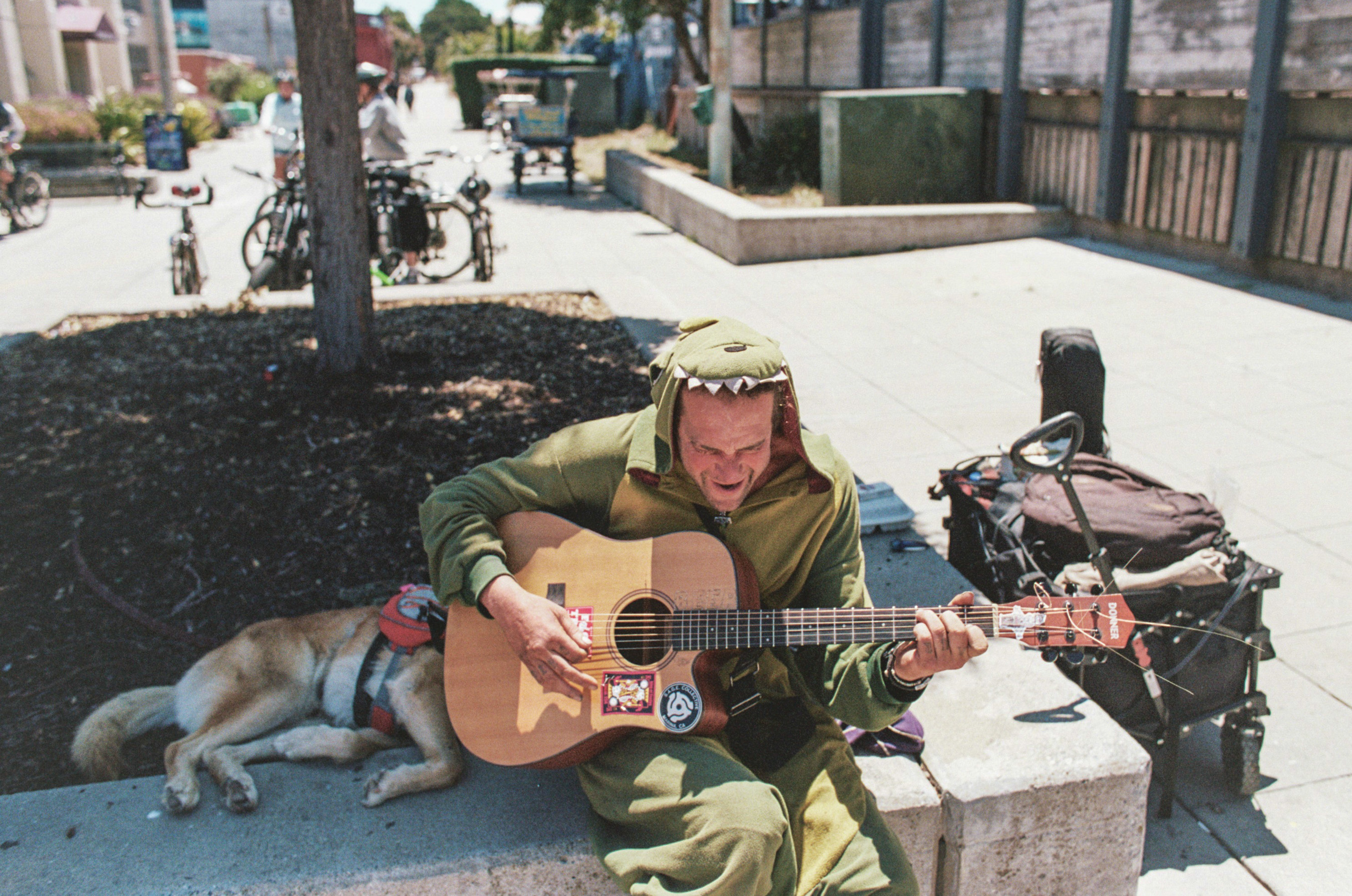 A man in a dinosaur suit with a guitar and his best friend